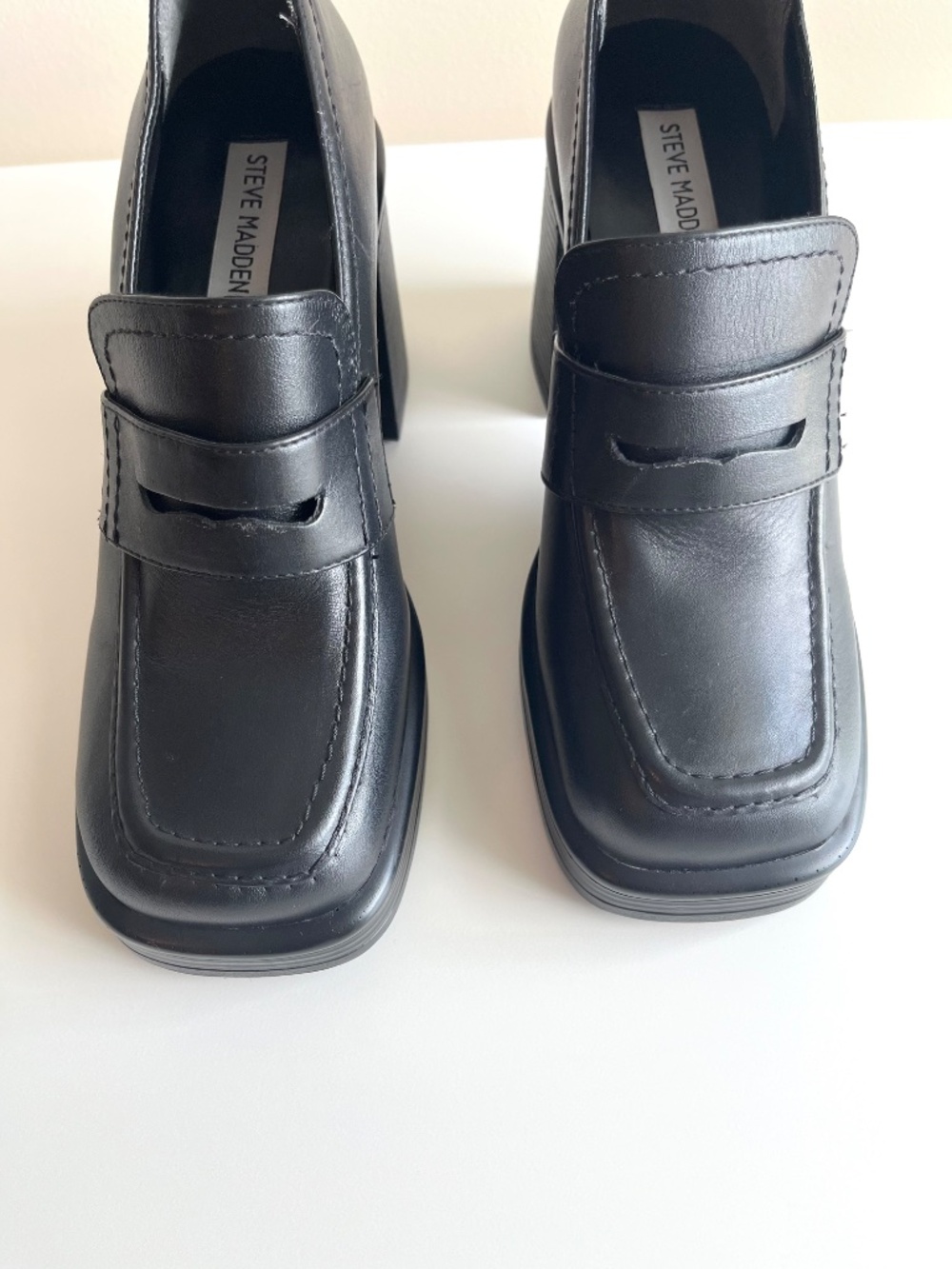 Steve Madden Women's Leather Block Heel Loafers Size 7.5 M Black - Picture 3 of 10